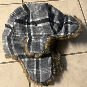 Grey and black plaid fur lined aviator hat